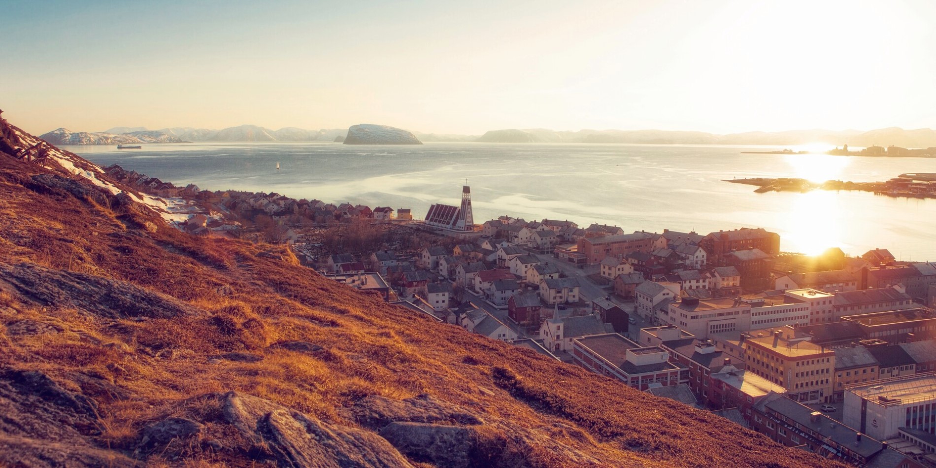 Sunset over the port town of Hammerfest in Norway