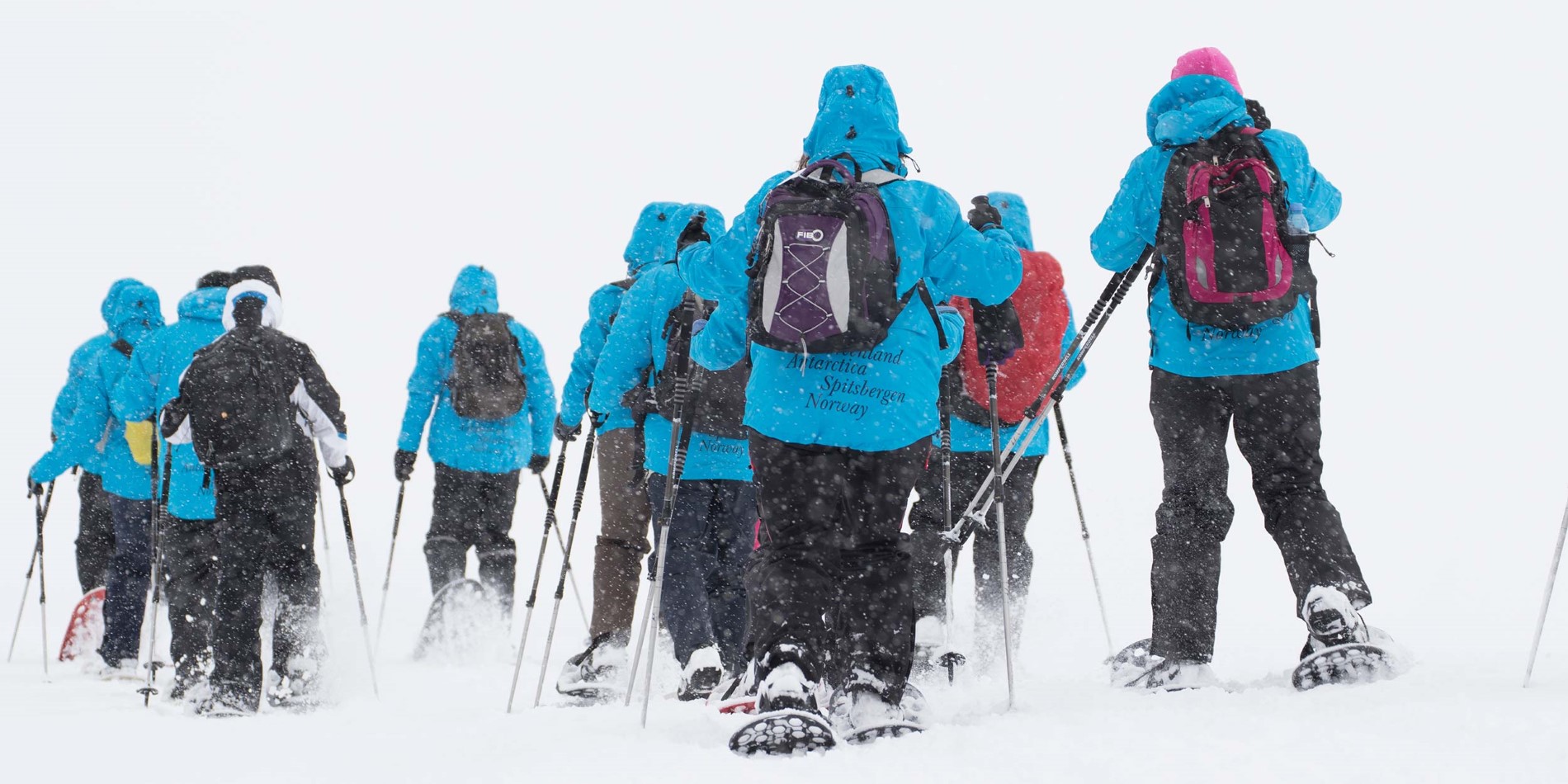 Gruppe af turister sne sneskovandring gennem drift sne